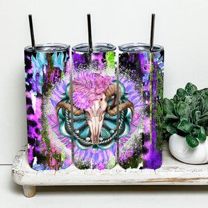 Cow Skull Floral Western 20oz Tumbler With Metal Straw
